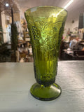 VINTAGE PRESSED-GLASS PEDESTAL VASE WITH GRAPE-AND-LEAF PATTERN