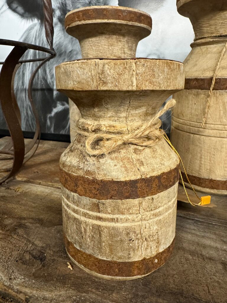 SM IRON BANDED WOOD CANDLE HOLDER