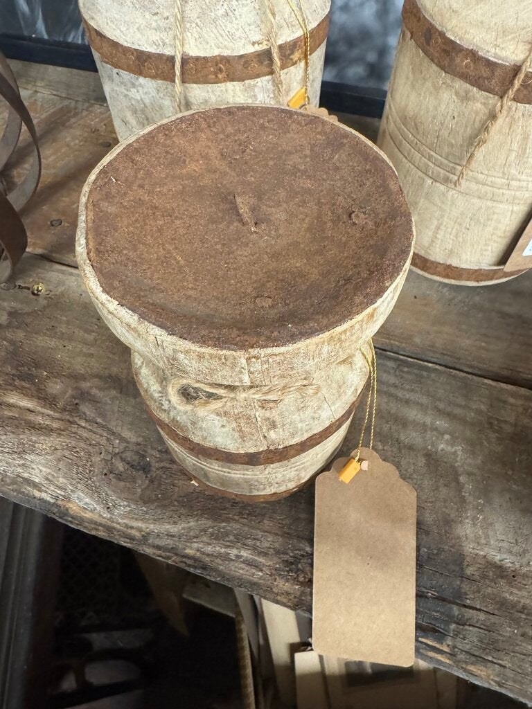 SM IRON BANDED WOOD CANDLE HOLDER