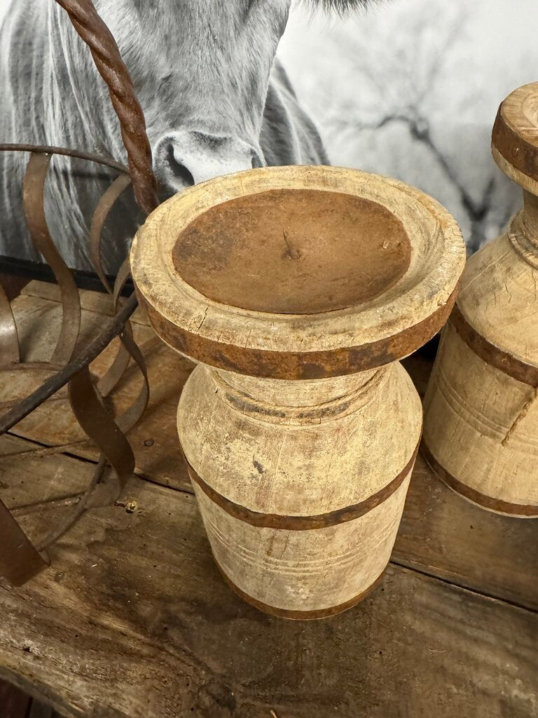 IRON BANDED WOOD CANDLE HOLDER MED