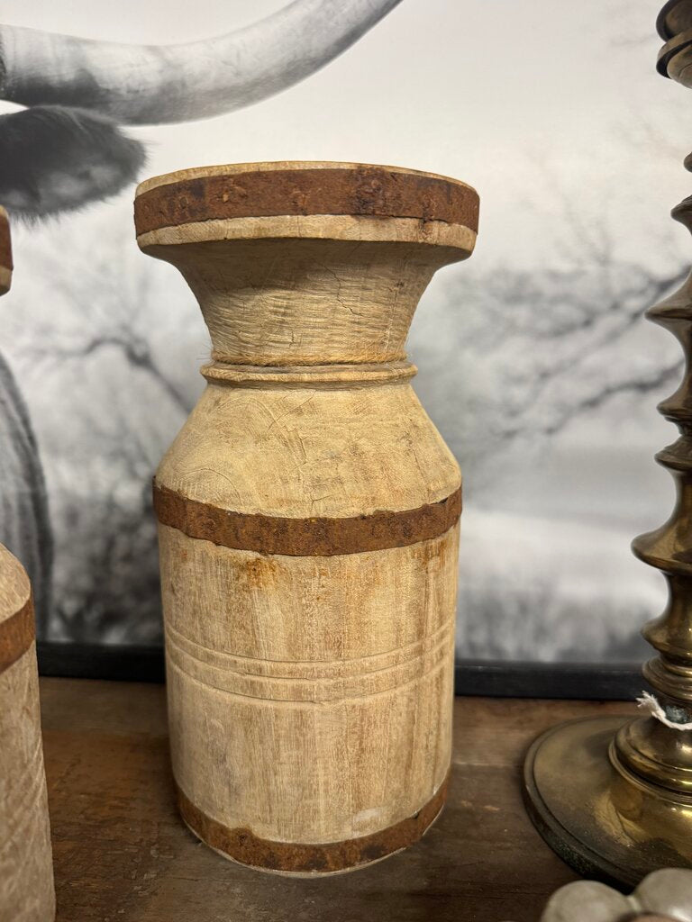 IRON BANDED WOOD CANDLE HOLDER LRG