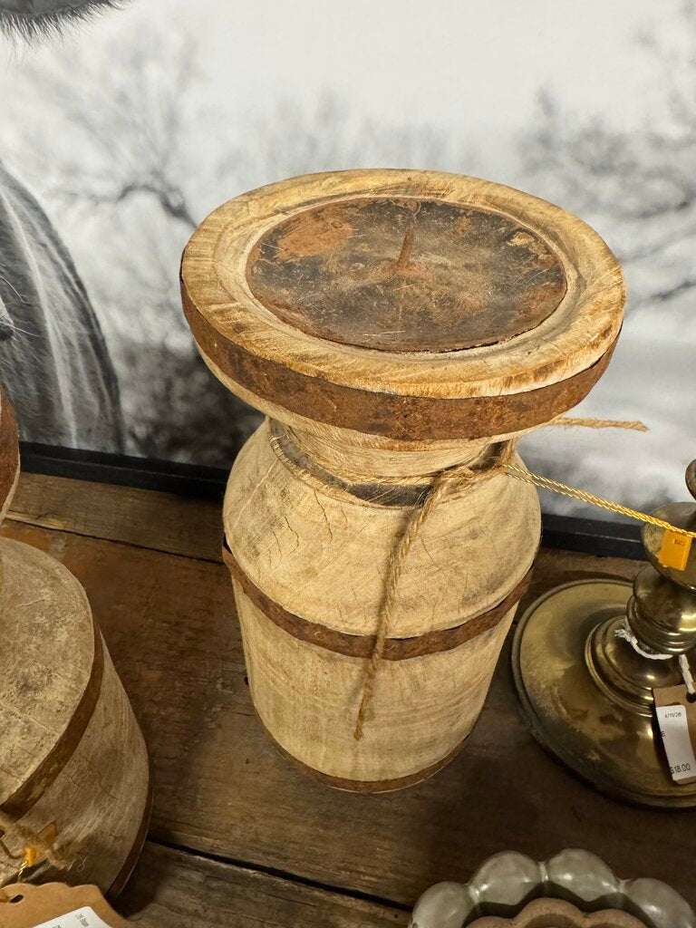 IRON BANDED WOOD CANDLE HOLDER LRG