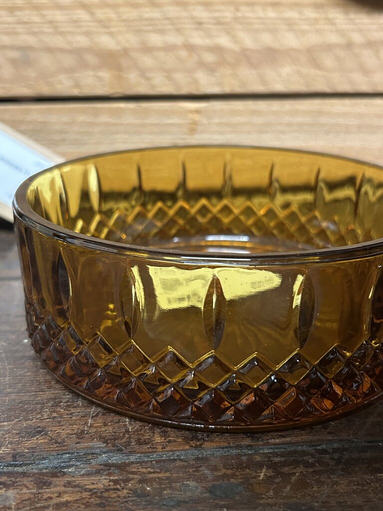 VINTAGE FANCY CUT DESIGN AMBER GLASS CANDY DISH