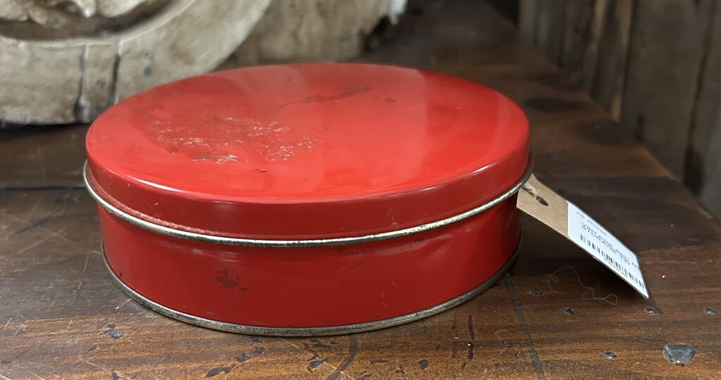 VINTAGE RED METAL/TIN ROUND STORAGE TIN