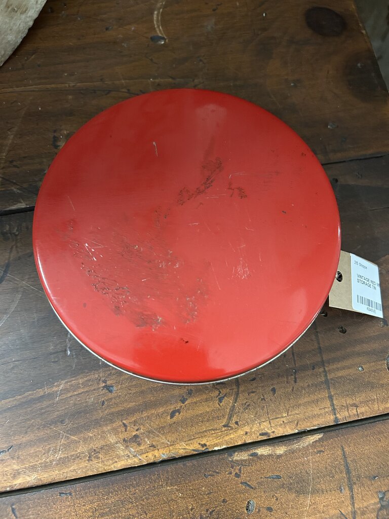 VINTAGE RED METAL/TIN ROUND STORAGE TIN