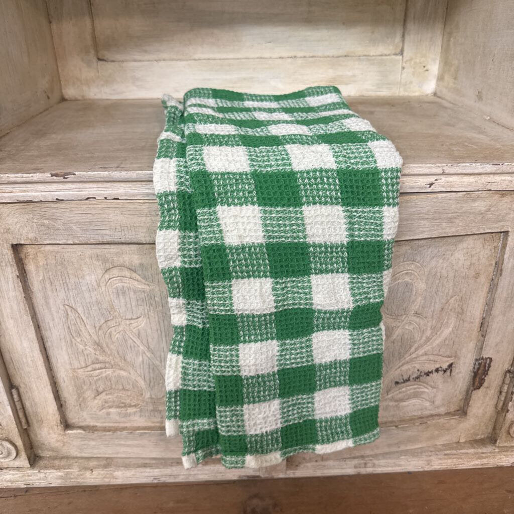 COTTON WAFFLE WEAVE TEA CLOTH WITH GINGHAM PATTERN GREEN