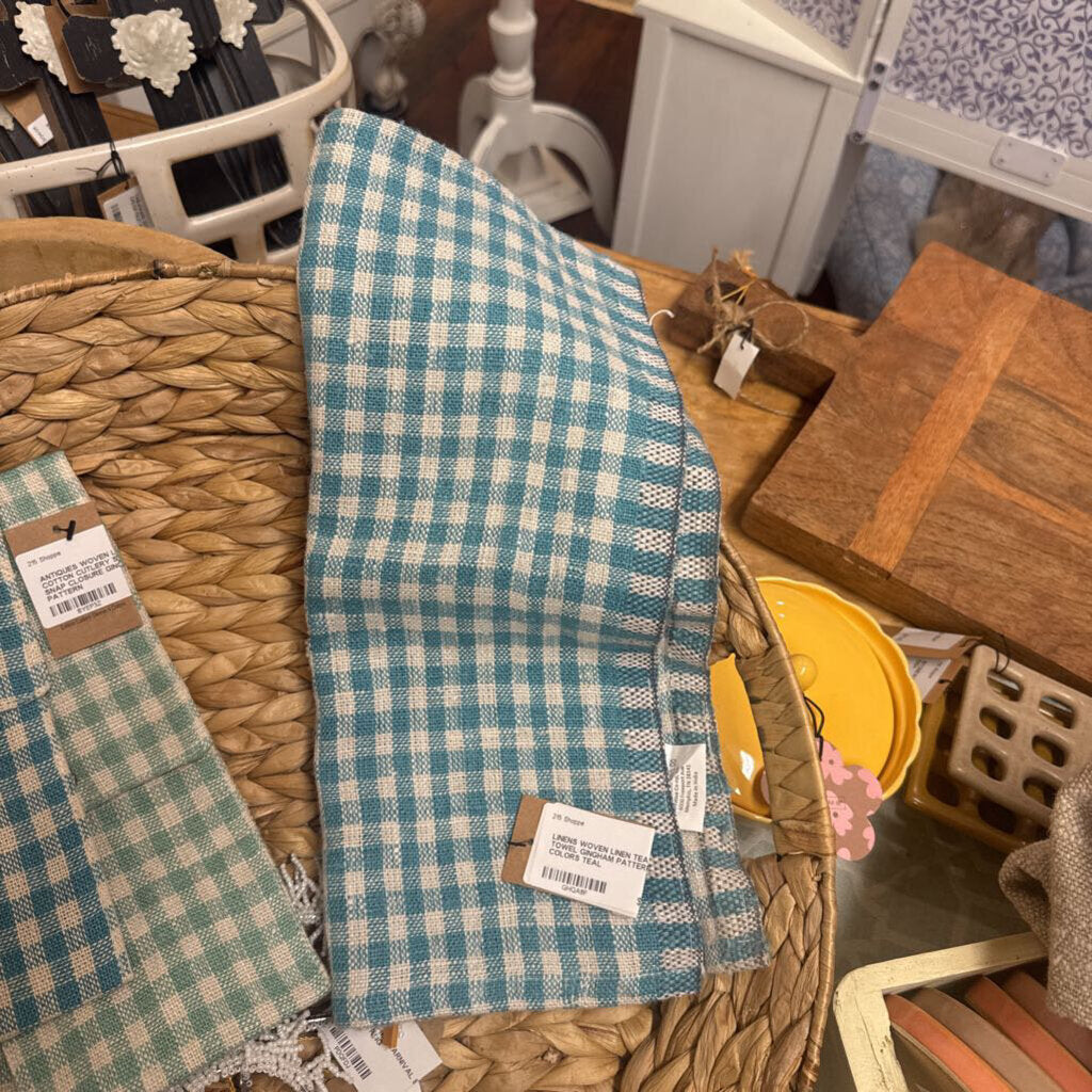 WOVEN LINEN TEA TOWEL GINGHAM PATTERN 3 COLORS TEAL