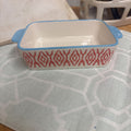 HAND-STAMPED STONEWARE BAKER DISH BLUE RIM W/ PEACH