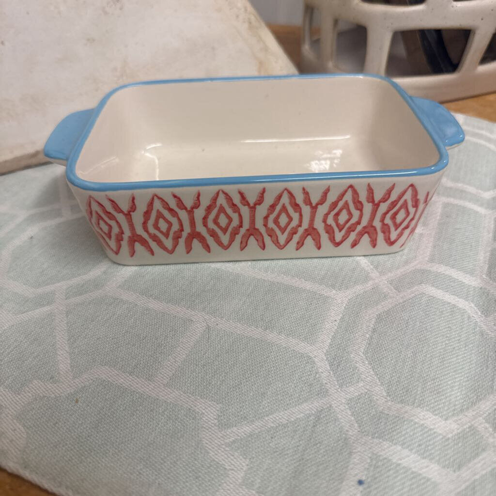 HAND-STAMPED STONEWARE BAKER DISH BLUE RIM W/ PEACH