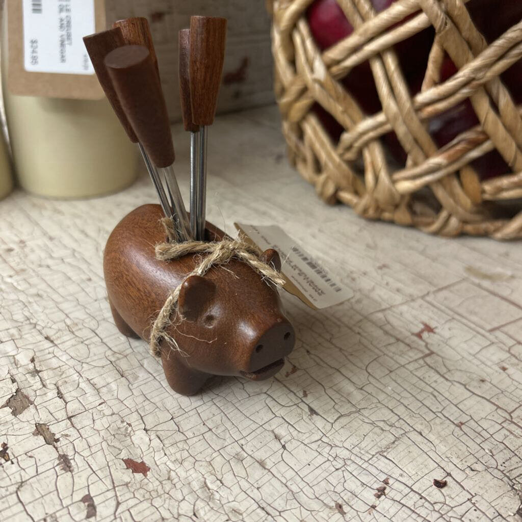 WOODEN PIG WITH APPETIZER FORKS