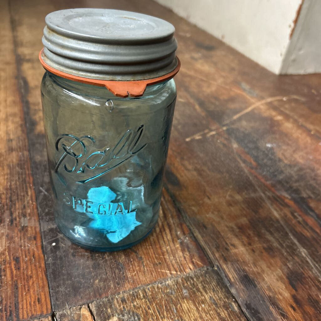 ANTIQUE BALL JAR BLUE GLASS WITH ZINC LID