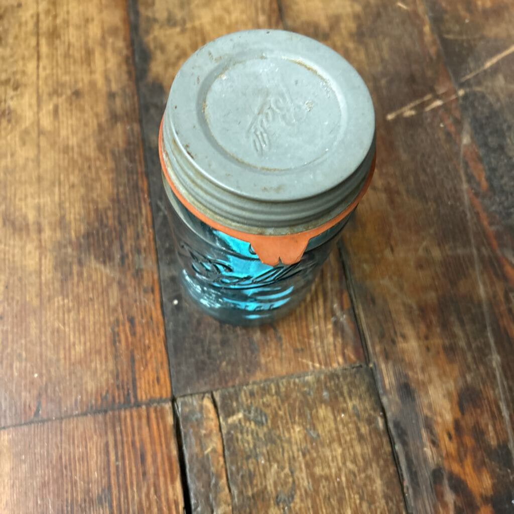 ANTIQUE BALL JAR BLUE GLASS WITH ZINC LID