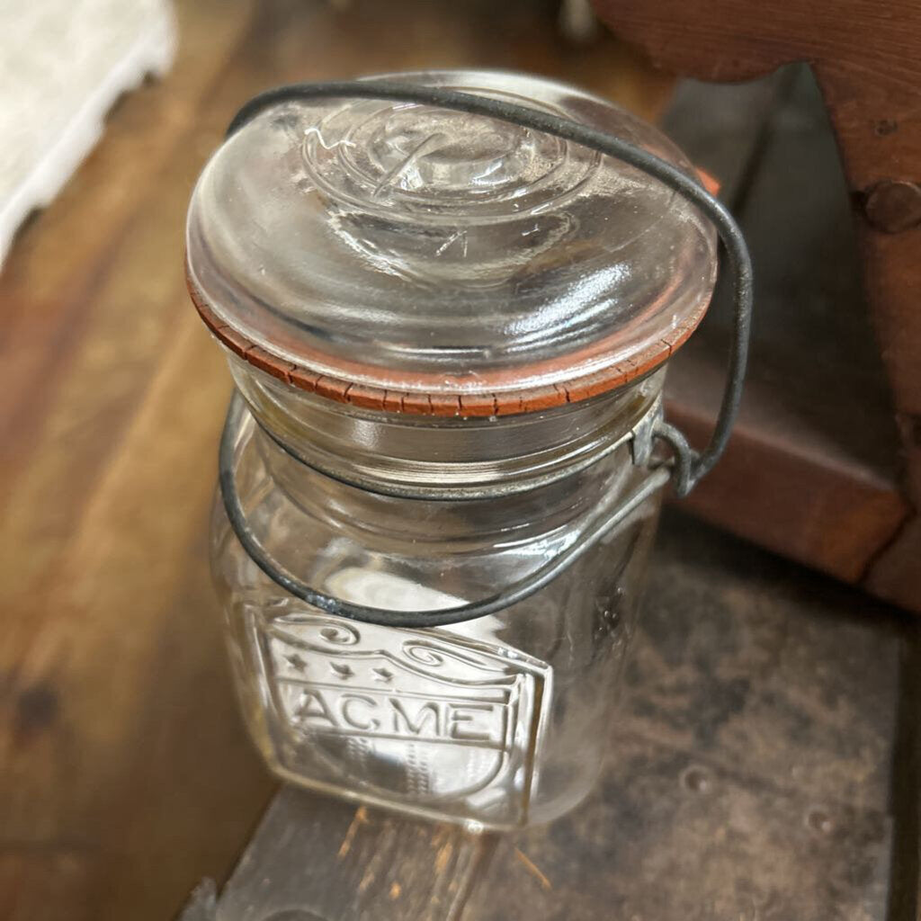 VINTAGE ACME SQUARE JAR WITH LID