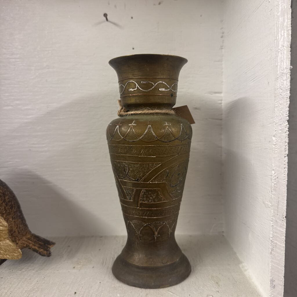 VINTAGE ETCHED BRASS VASE