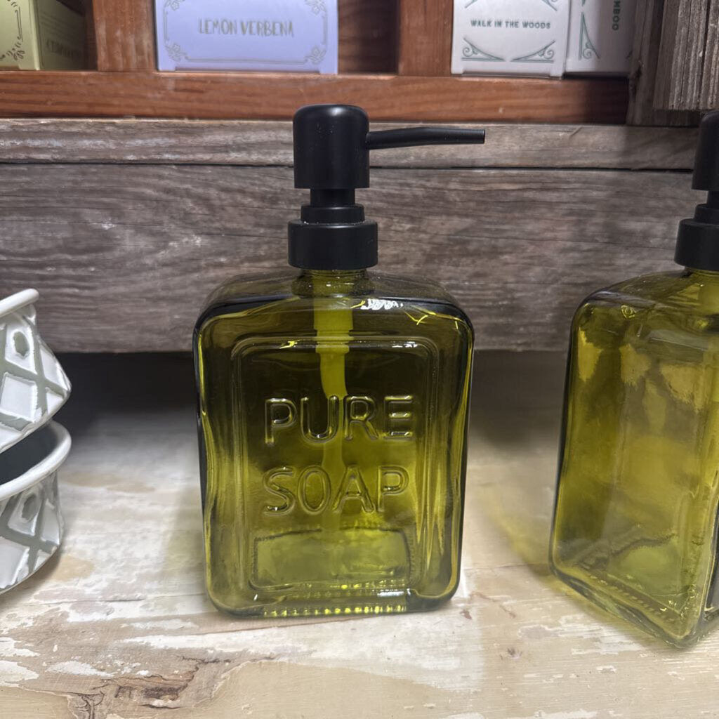 PRESSED GLASS SOAP DISPENSER WITH PUMP "PURE SOAP" OLIVE COLOR