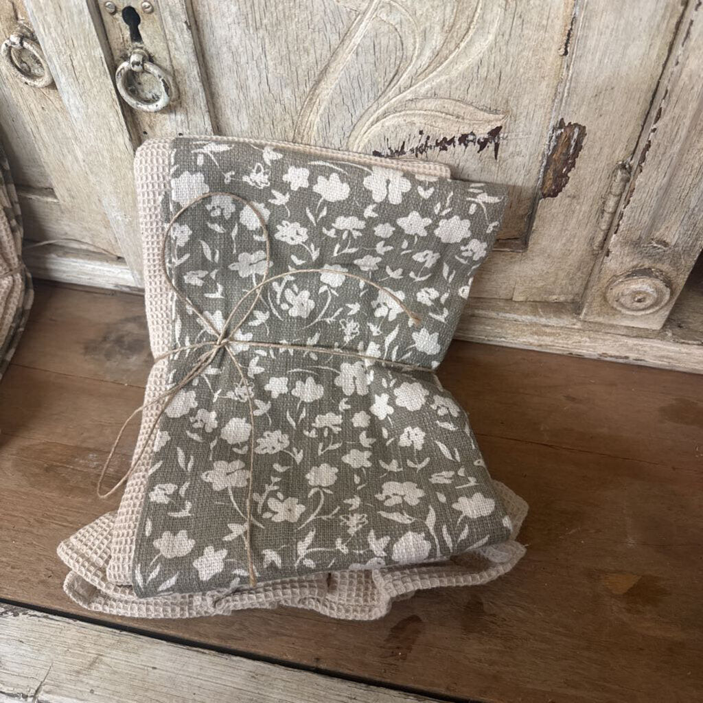 COTTON SLUB PRINTED & COTTON WAFFLE TEA TOWELS SET OF 2