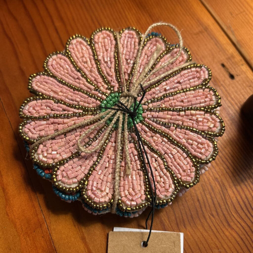 GLASS BEADED FLOWER SHAPED COASTERS SET OF 4