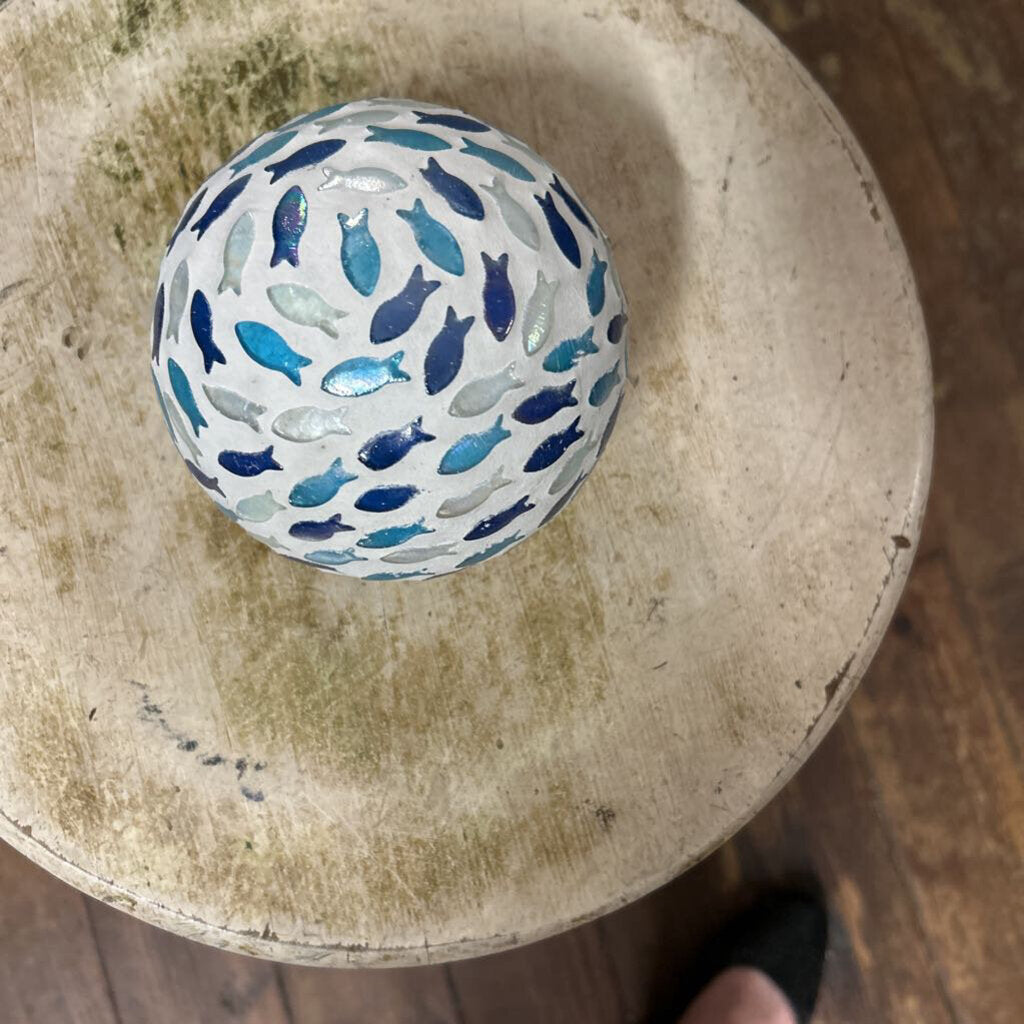 WHITE MOSAIC ORB WITH IRIDESCENT BLUE FISH