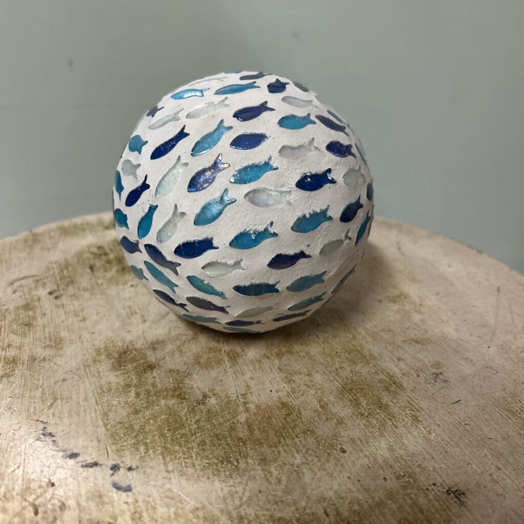 WHITE MOSAIC ORB WITH IRIDESCENT BLUE FISH
