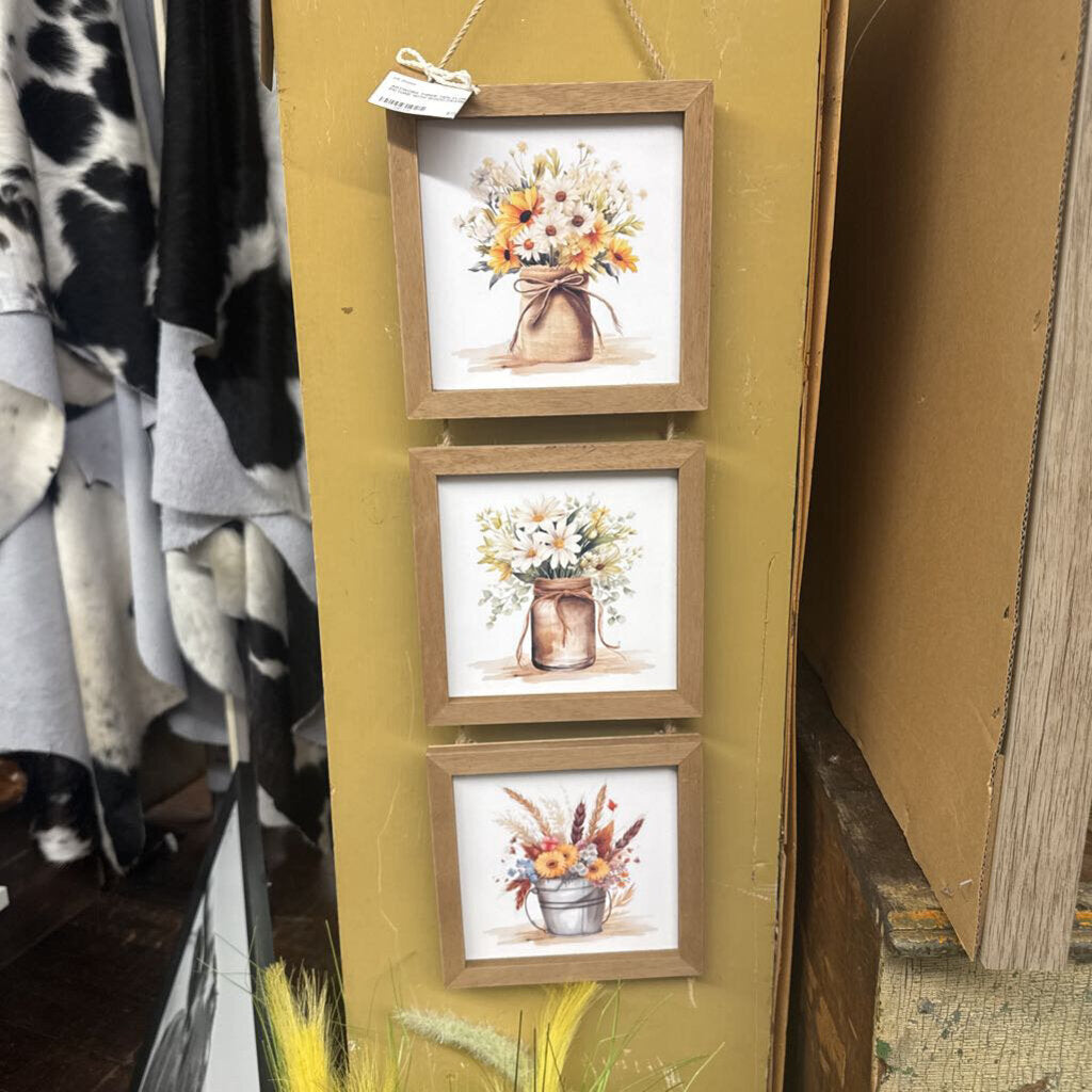 THREE TIER FLORAL PICTURE WITH WOOD FRAME
