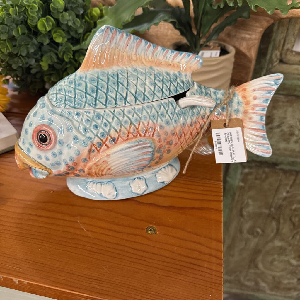 ITALIAN GLAZED CERAMIC FISH GRAVY DISH WITH SPOON