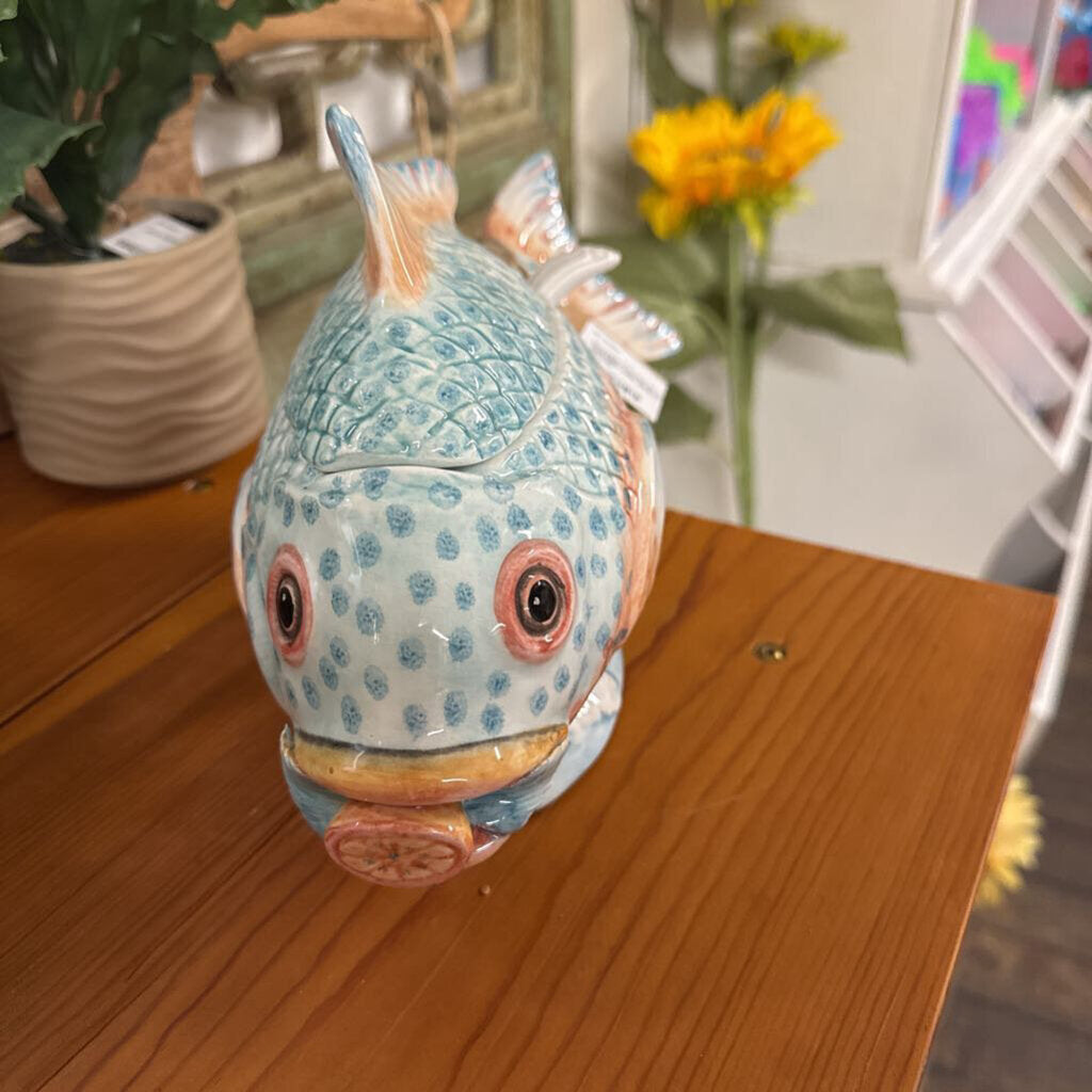 ITALIAN GLAZED CERAMIC FISH GRAVY DISH WITH SPOON
