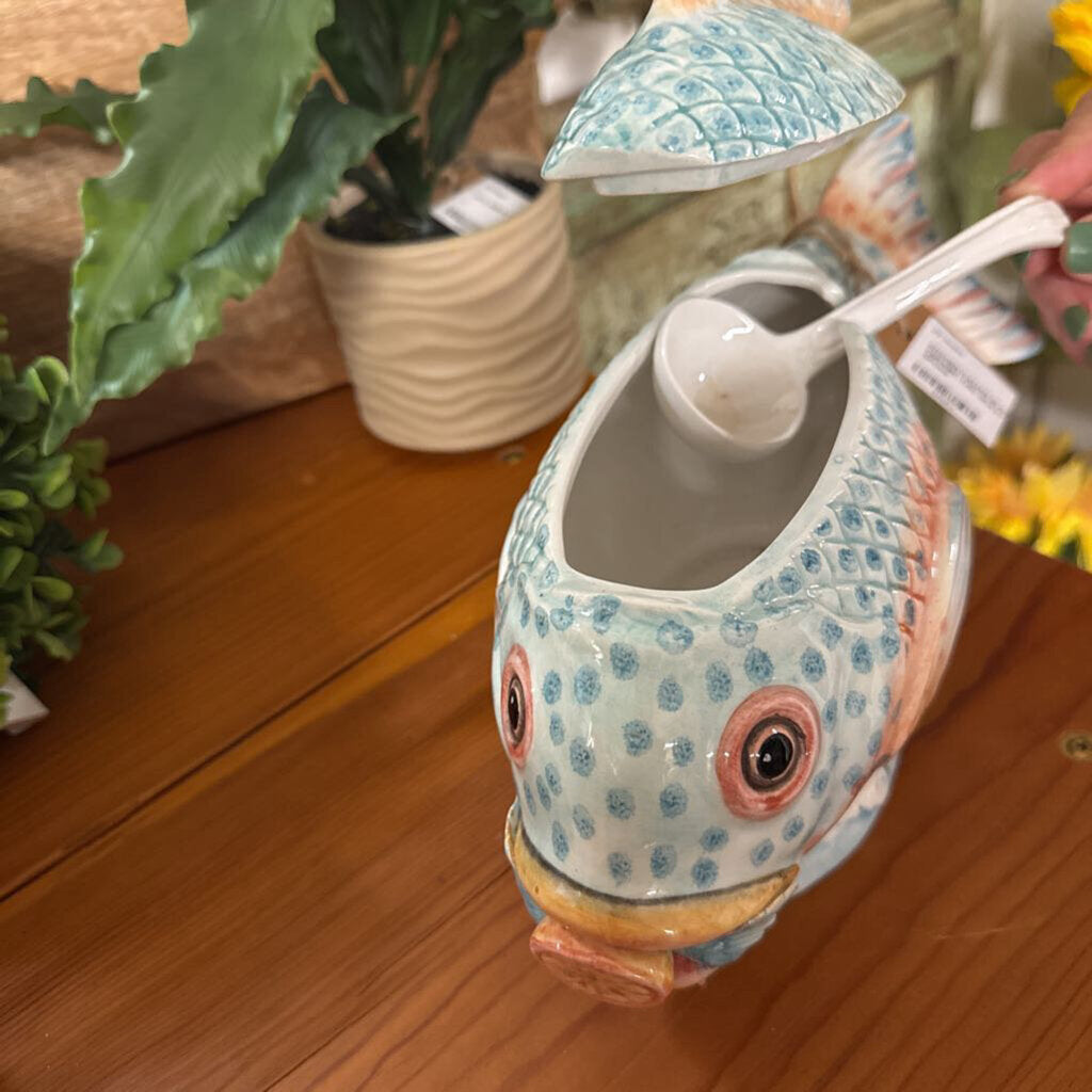 ITALIAN GLAZED CERAMIC FISH GRAVY DISH WITH SPOON