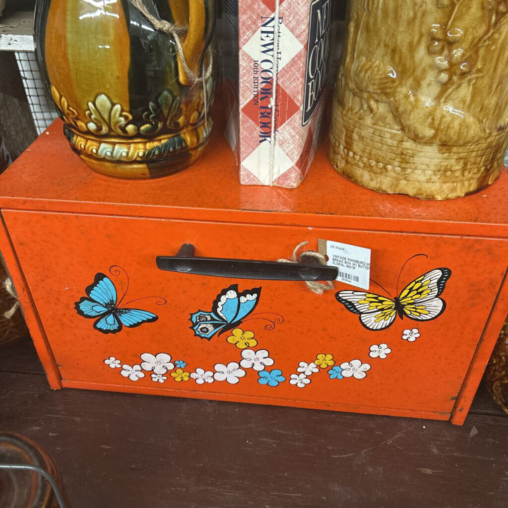 VINTAGE RANSBURG METAL BREAD BOX W/ BUTTERFLY AND FLORAL MOTIF