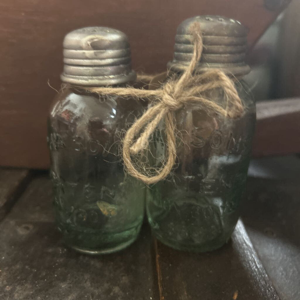 MASONS PATENT GLASS SALT AND PEPPER SHAKERS (PAIR)