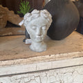 A small sculptural bust of a classical female head in a light gray stone or concrete finish, displayed on a distressed wooden surface next to a large black vase.