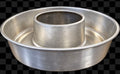 A silver metal double-ring bundt cake pan with a textured brushed finish, shown against a black and white checkered background.