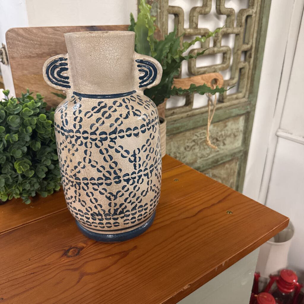 DELPHINE VASE WITH HASNDLES BLUE/TAN LRG