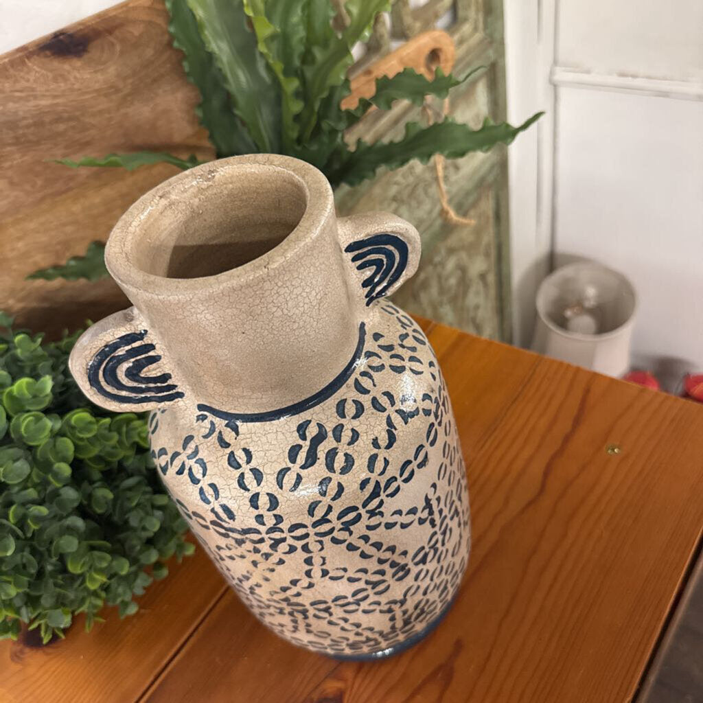 DELPHINE VASE WITH HASNDLES BLUE/TAN LRG