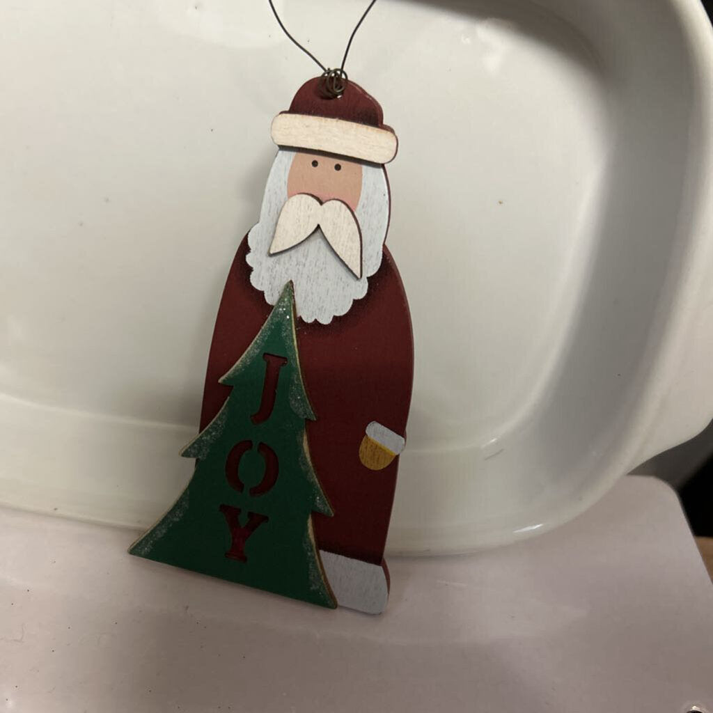 WOODEN SANTA ORNAMENT WITH JOY ON FRONT