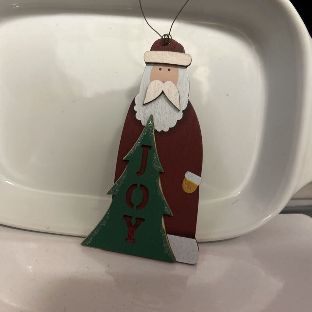 WOODEN SANTA ORNAMENT WITH JOY ON FRONT