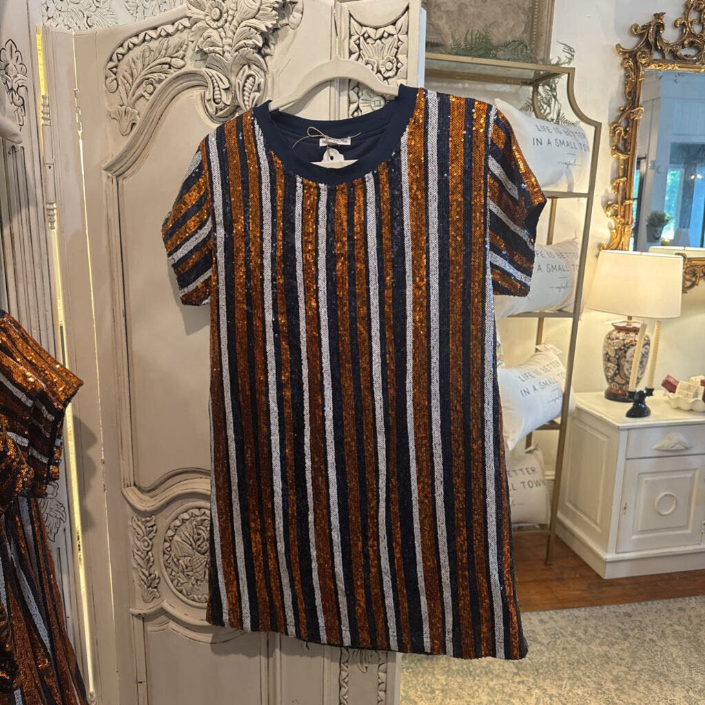 MARY SQUARE SMALL JULIA STRIPED NAVY, ORANGE WHITE STRIPED SEQUIN DRESS