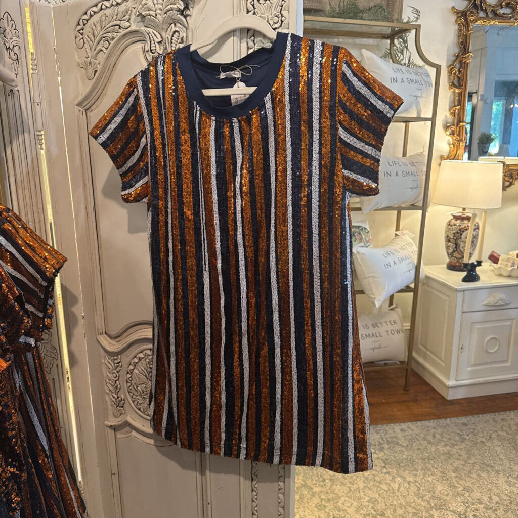 MARY SQUARE MEDIUM JULIA NAVY ORANGE WHITE STRIPED SEQUIN DRESS