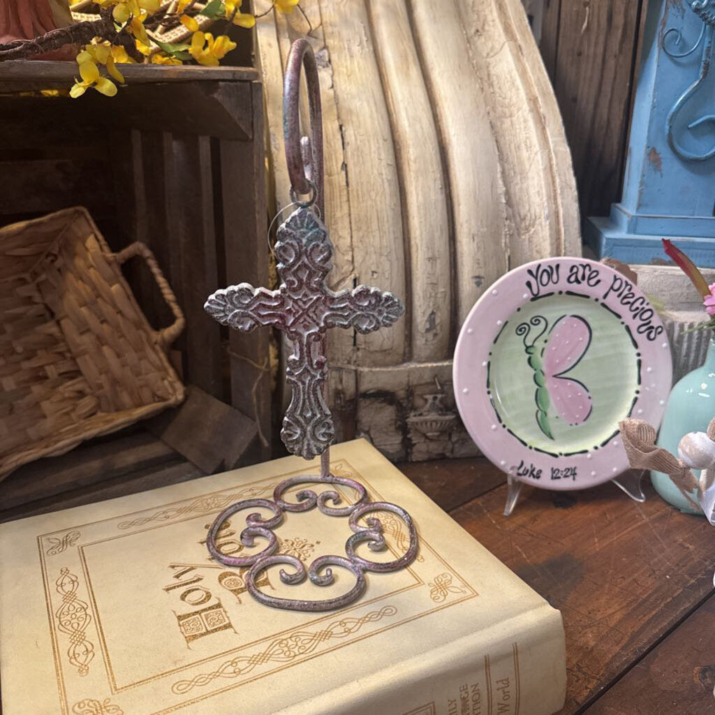 BROWN IRON HANGING CROSS WITH STAND