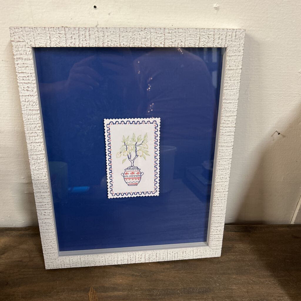 LEMON TREE PICTURE WHITE DISTRESSED FRAMED BLUE MAT