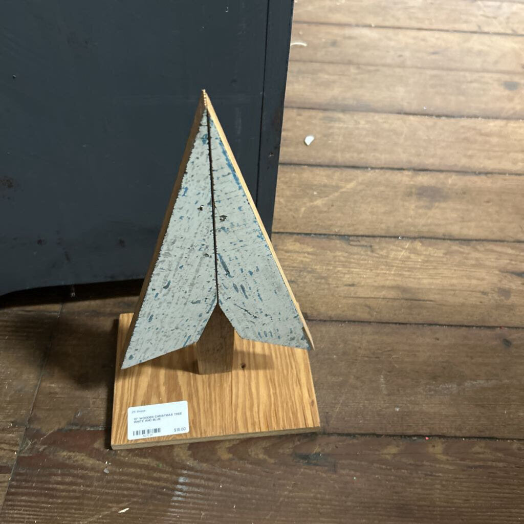 13" WOODEN CHRISTMAS TREE WHITE AND BLUE