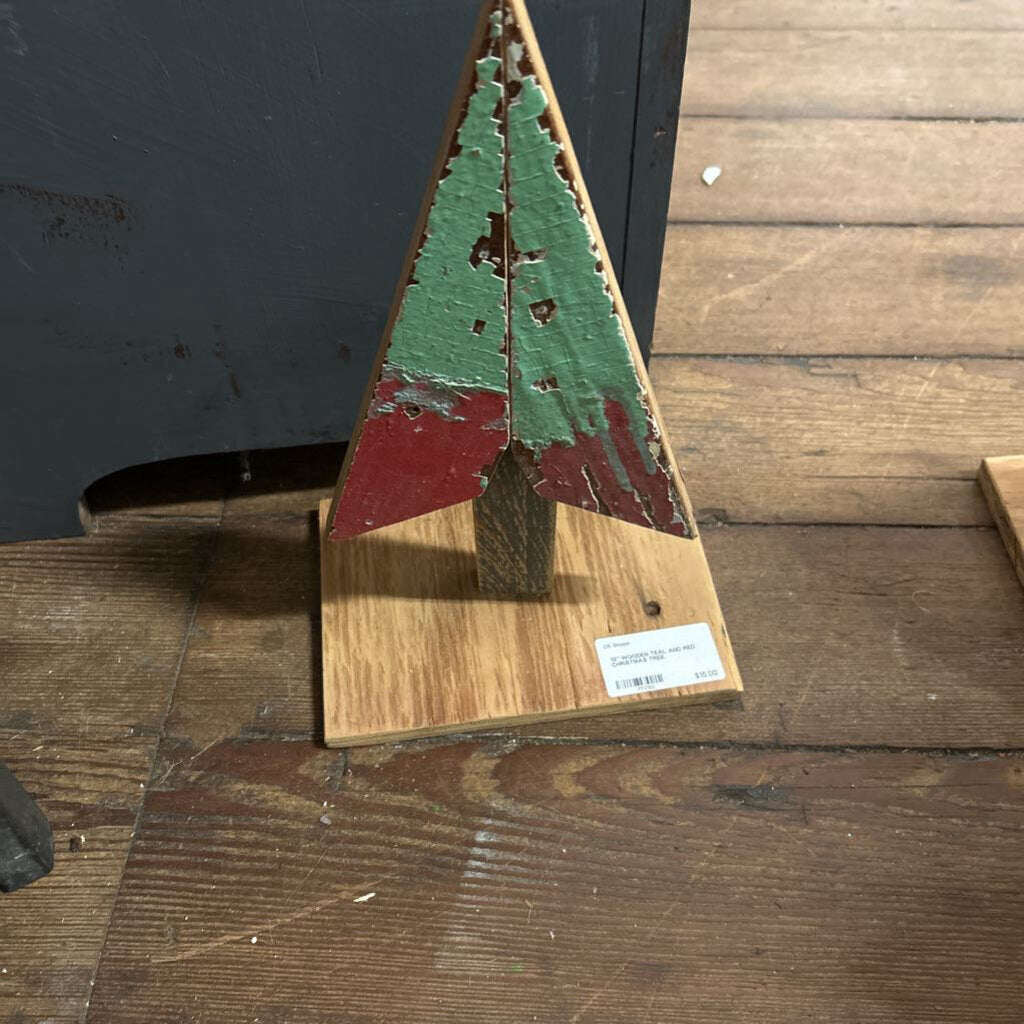 13" WOODEN TEAL AND RED CHRISTMAS TREE