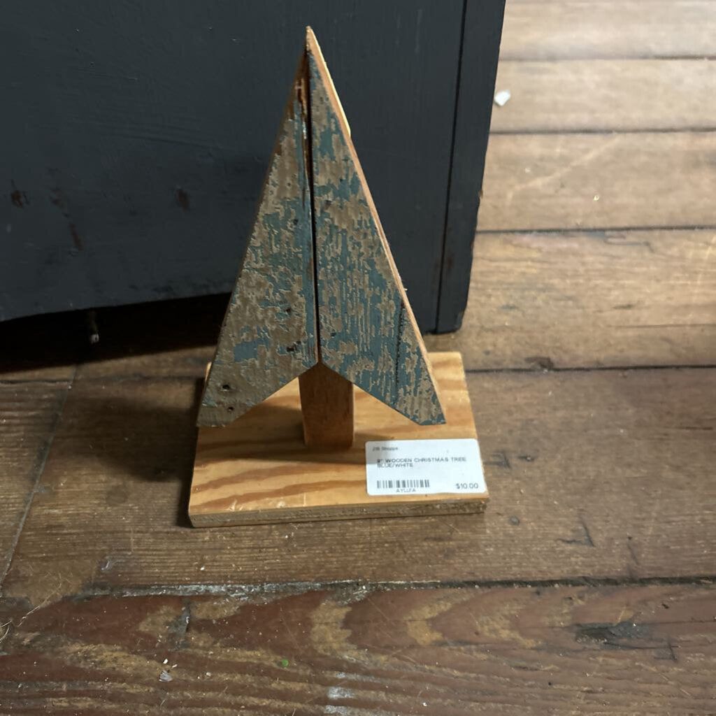 9" WOODEN CHRISTMAS TREE BLUE/WHITE