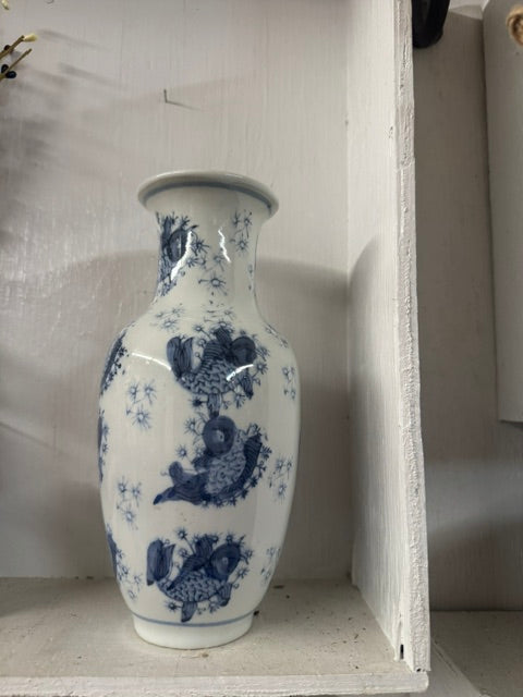 VINTAGE CHINA 14" PORCELAIN CHINOISERIE WHITE VASE BLUE KOI