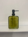 PRESSED GLASS SOAP DISPENSER WITH PUMP "PURE SOAP" OLIVE COLOR