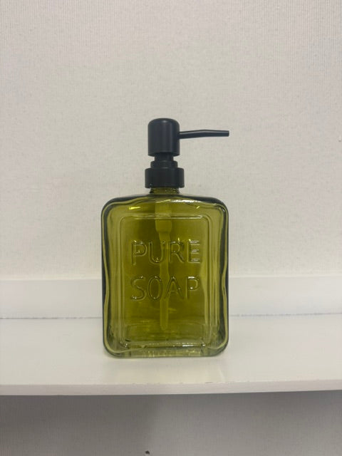 PRESSED GLASS SOAP DISPENSER WITH PUMP "PURE SOAP" OLIVE COLOR