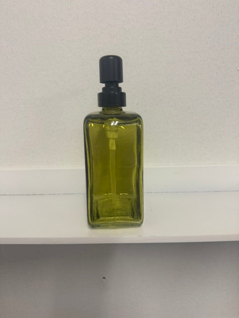 PRESSED GLASS SOAP DISPENSER WITH PUMP "PURE SOAP" OLIVE COLOR