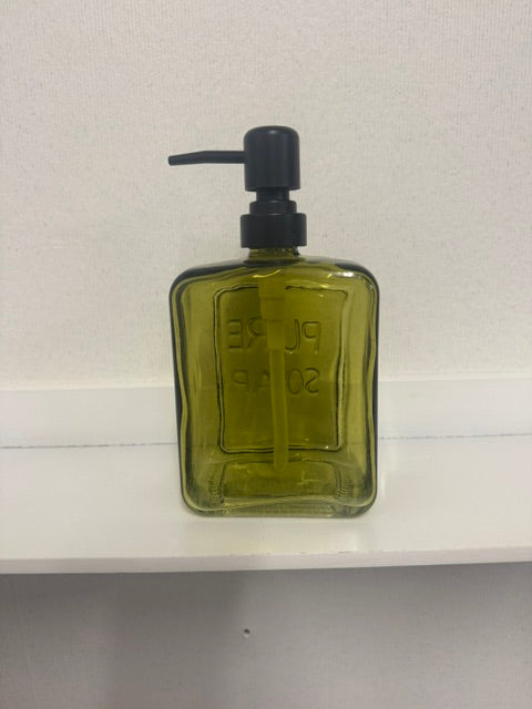 PRESSED GLASS SOAP DISPENSER WITH PUMP "PURE SOAP" OLIVE COLOR